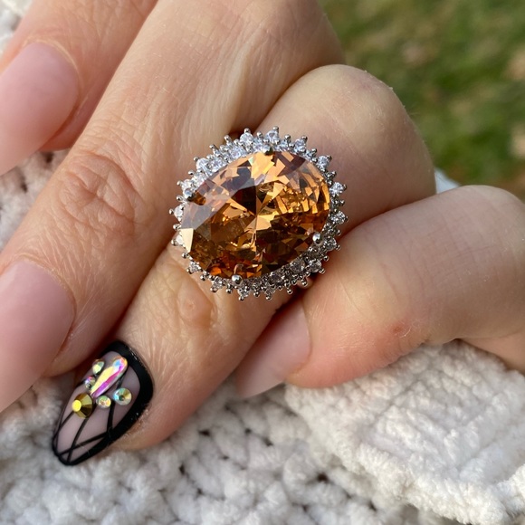 Gorgeous Huge 925 Silver Ring Champagne Crystal - Picture 3 of 15